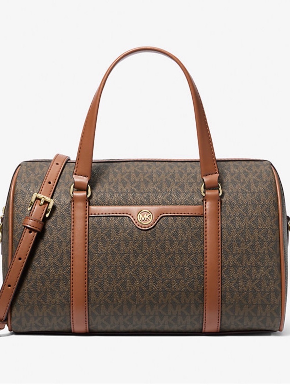 Michael Kors Brown MK Monogram Satchel with Camel Trim